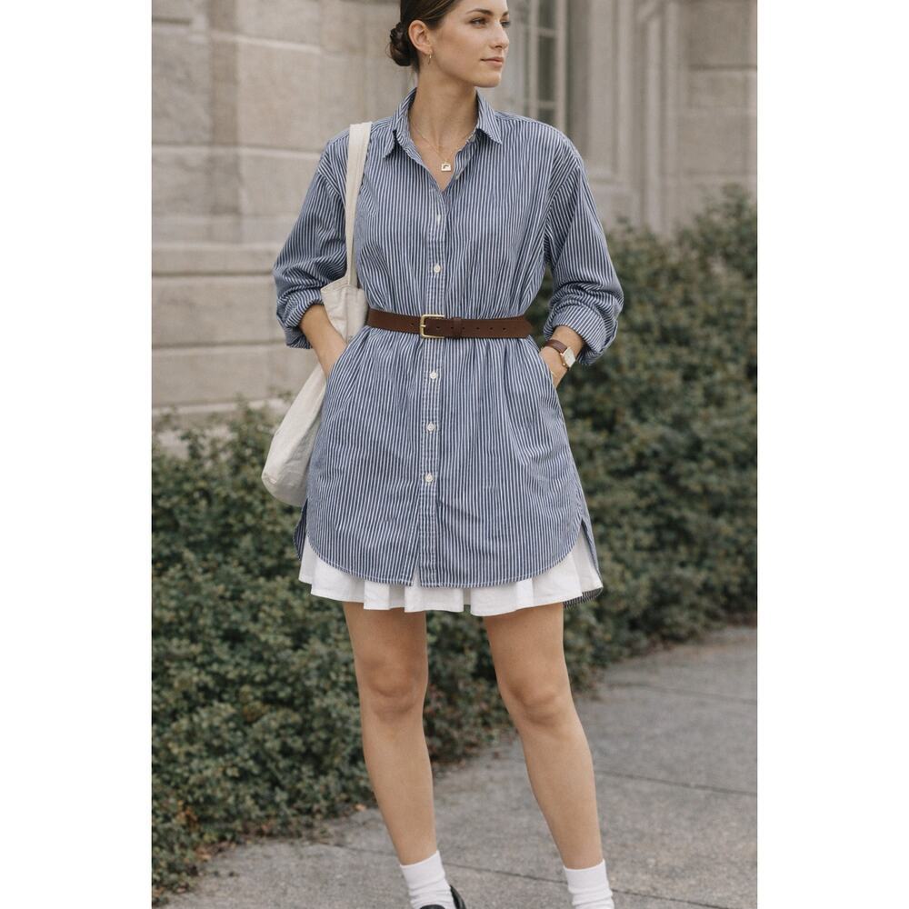 Zara Trafaluc Striped Shirt Dress Blue White Long Sleeve L